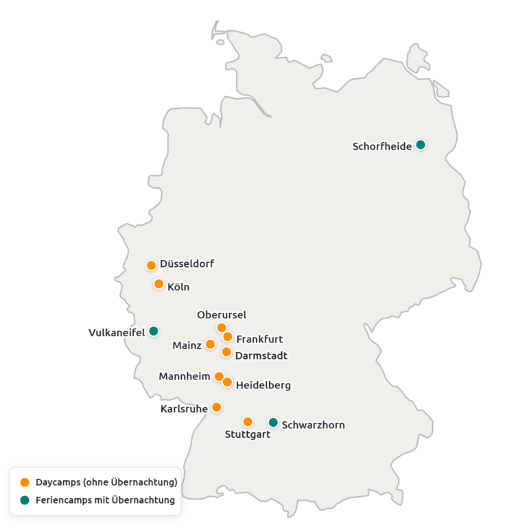 Deutschlandkarte mit den Forscherfreunde-Standorten: 10 Daycamps und 3 Feriencamps mit Übernachtung